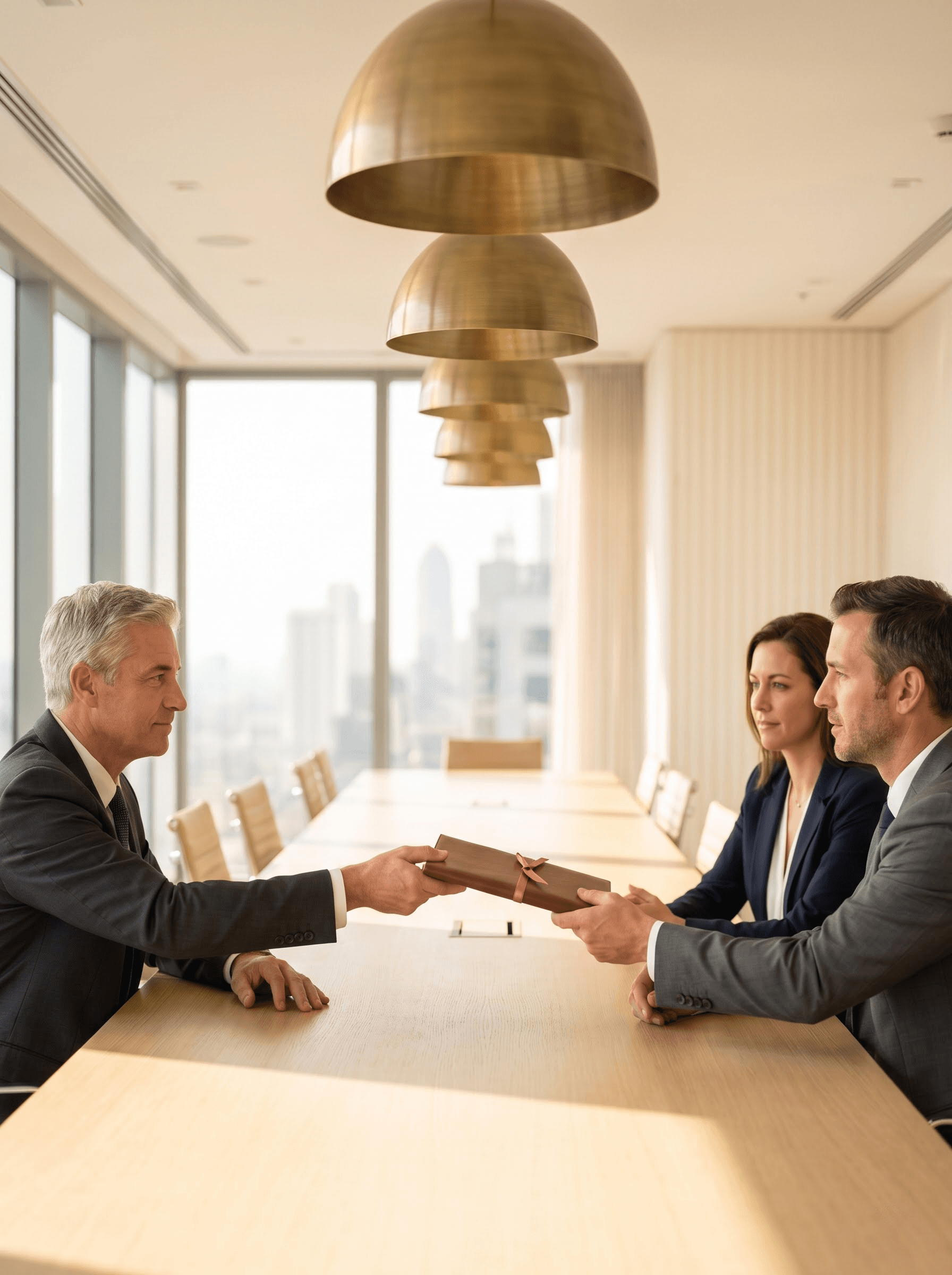 A senior advisor handing a mandate dossier to a client team in a light-filled boardroom