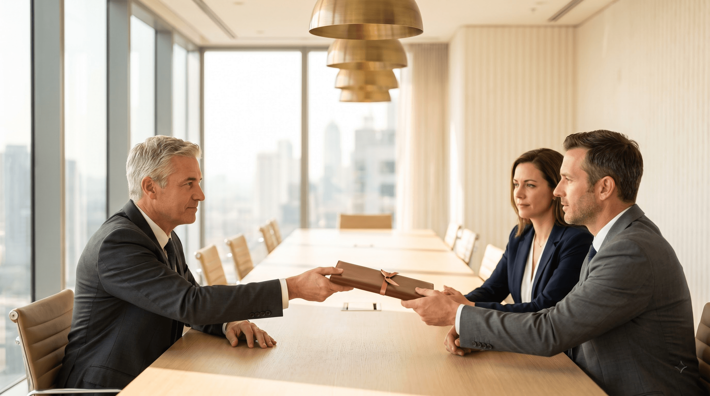 A senior advisor handing a mandate dossier to a client team in a light-filled boardroom